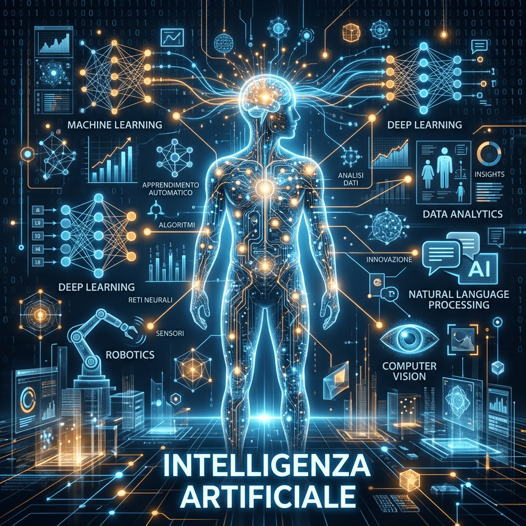 Human figure surrounded by icons and diagrams of machine learning, deep learning, robotics, data analytics, natural language processing, and computer vision